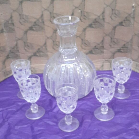 Duncan & Miller #42 Mardi Gras Water Wine Decanter and set of 5 goblets. - Picture 1 of 13